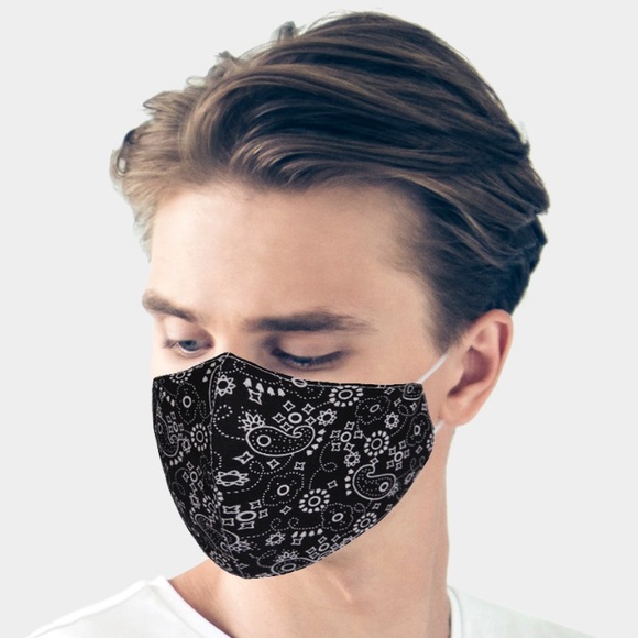 2/$20 Black Paisley Print Cotton Fashion Mask - Picture 3 of 5